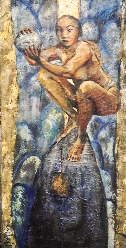 AMA, gesso, oil, paper, gold leafs, under plexiglass