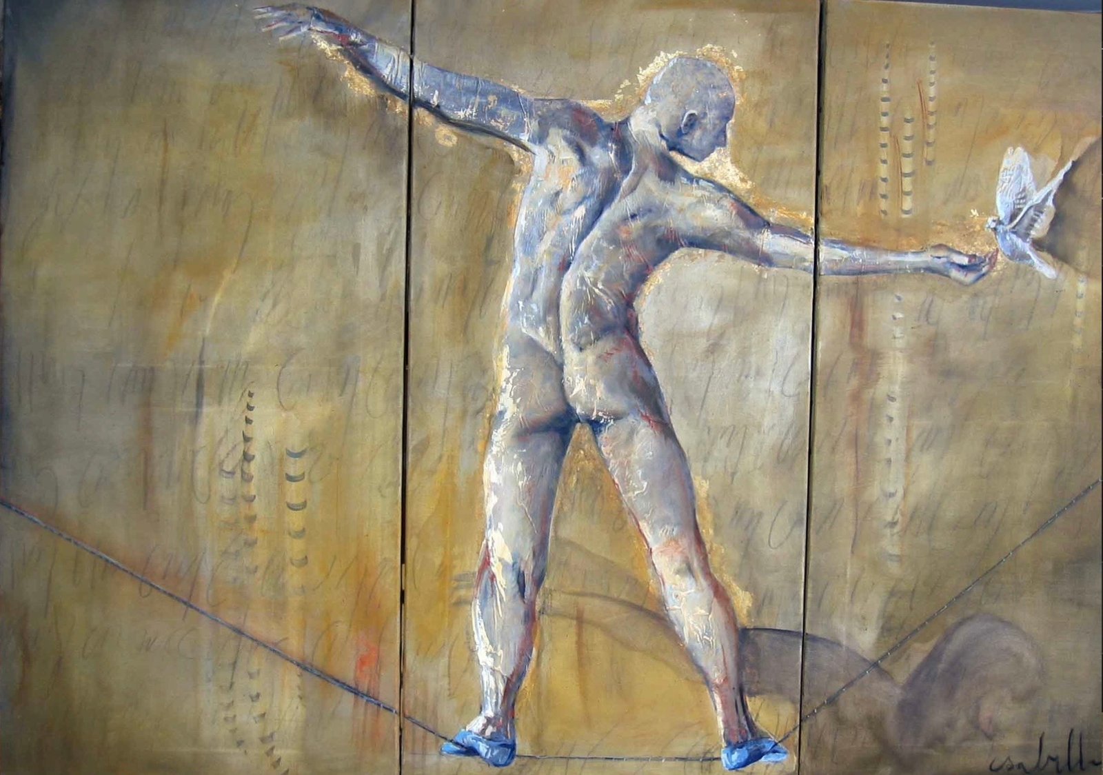 L’HOMME ET L’OISEAU, gesso, oil