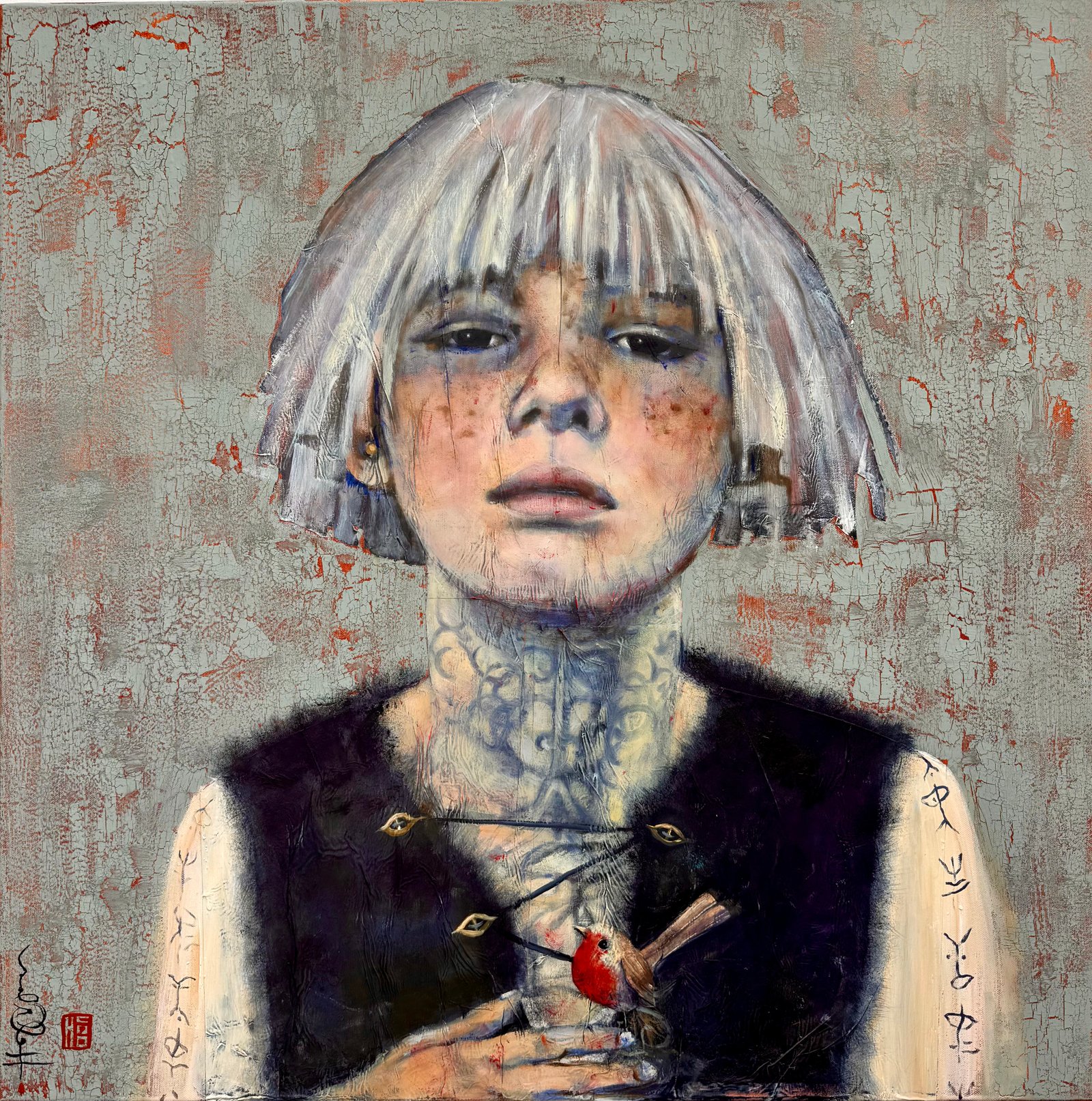 ROBIN, gesso, oil , acrylic, paper